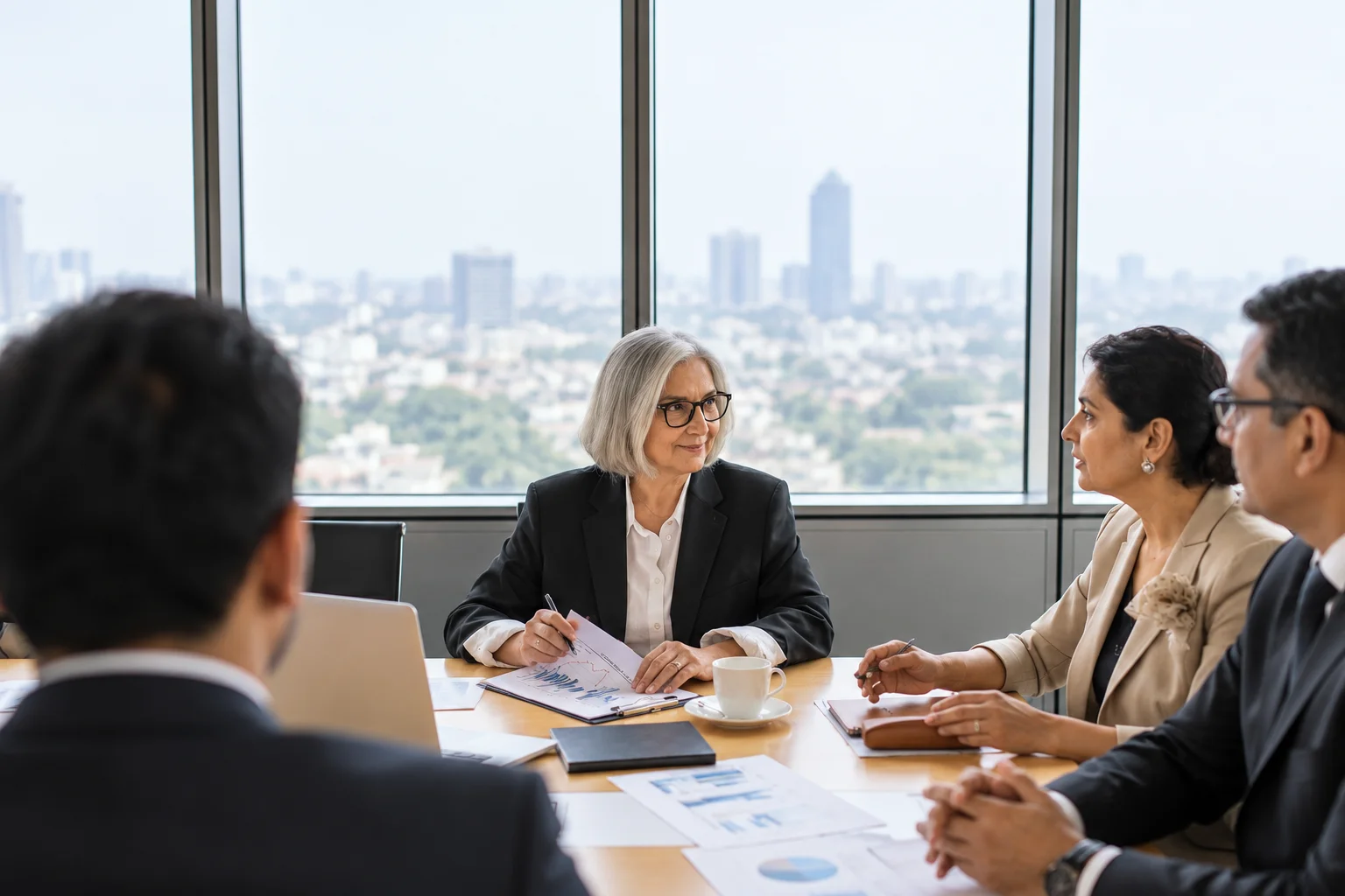 Professionals in a planning meeting with city views behind them