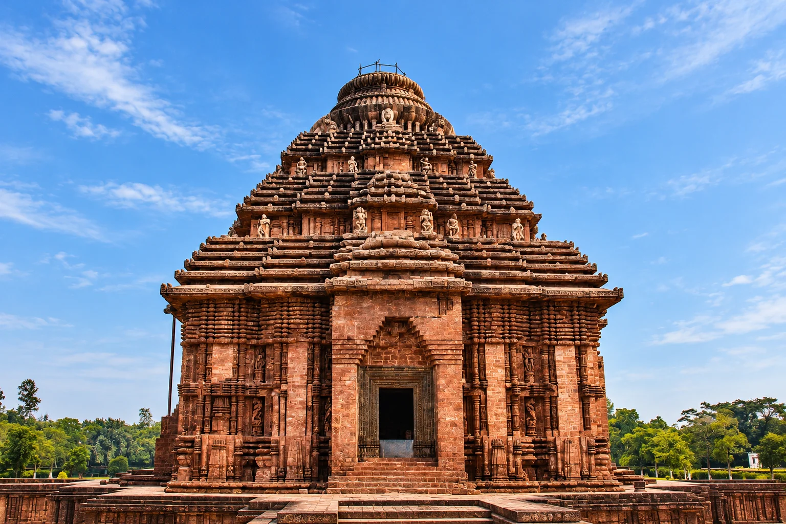 Carved stone temple architecture, used to evoke Odisha’s cultural heritage rather than a specific office or client site
