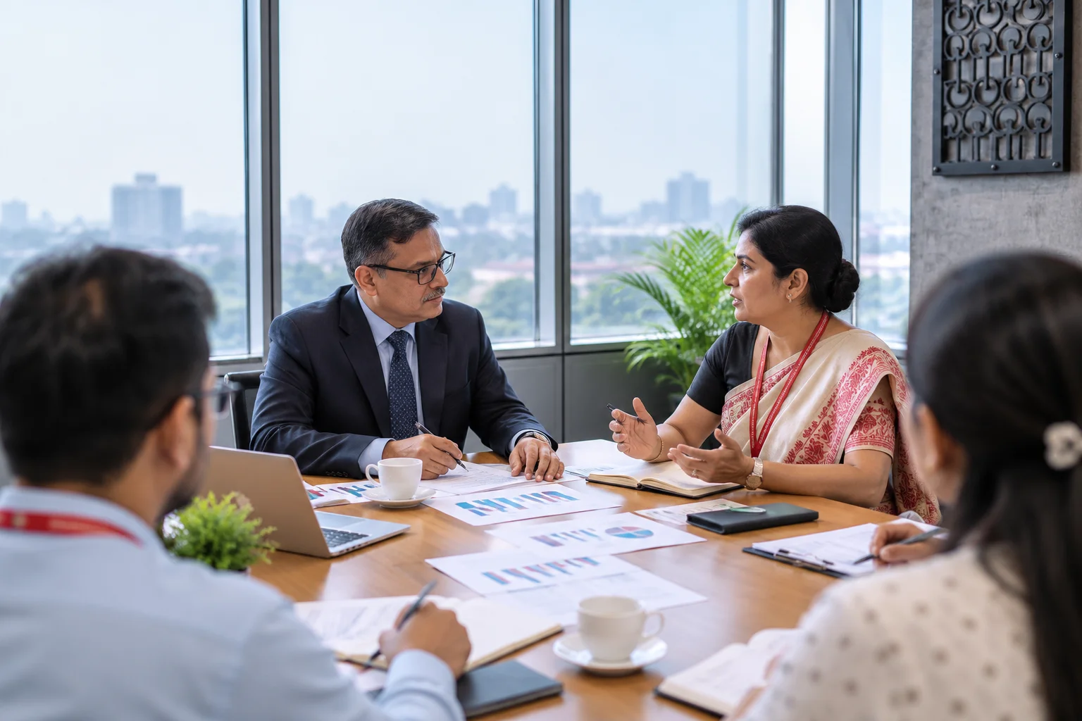 Healthcare leaders in discussion around a meeting table