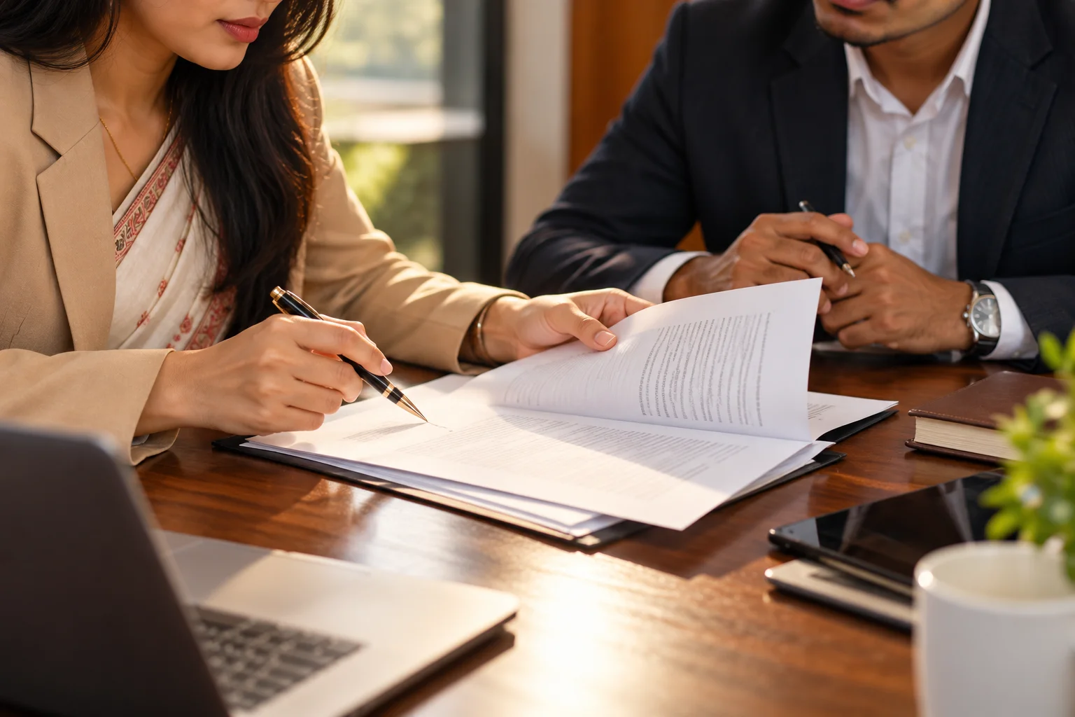 Two healthcare administrators reviewing a document together at a desk