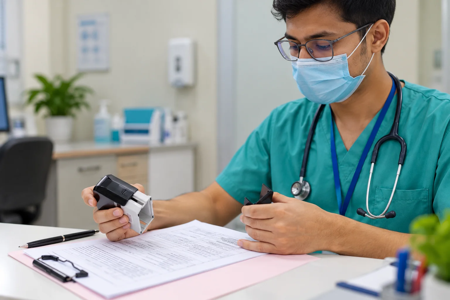Nurse completing clinical documentation at a desk